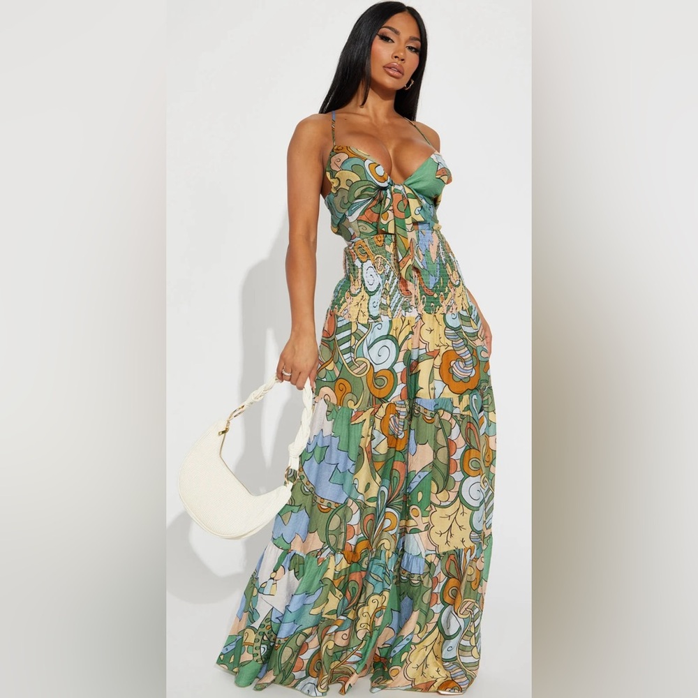 Fashion Nova Green and Blue Swirl Maxi Dress